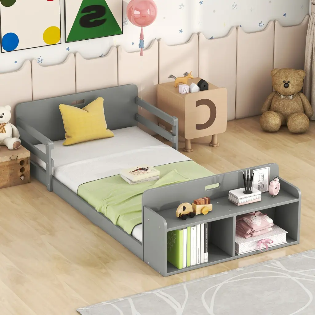 Twin Size Floor Bed Storage Footboard And Guardrail Grey Box Spring wm store
