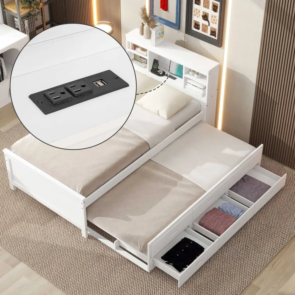 Twin Size Platform Bed Storage Headboard USB Twin Size Trundle wm store