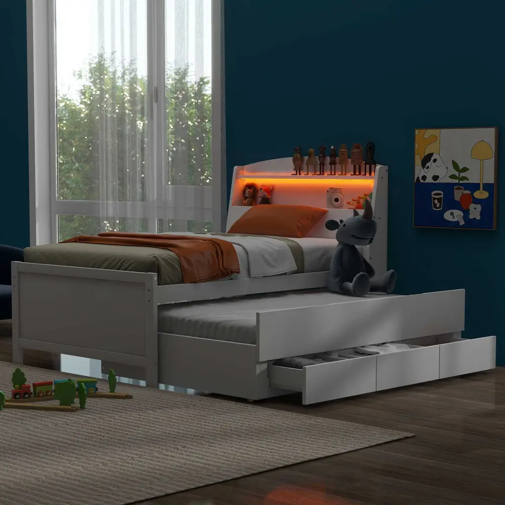 Twin Size Platform Bed Storage and LED Headboard Trundle wm store