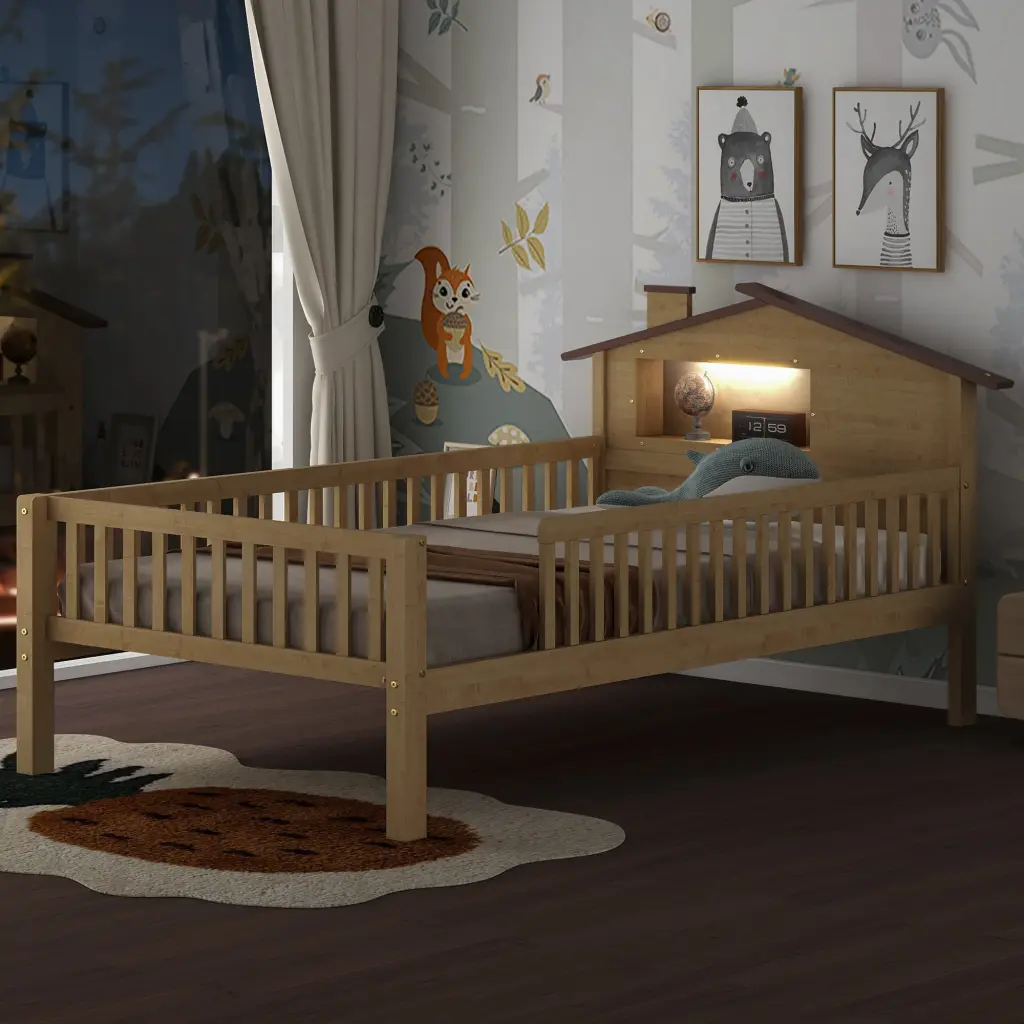 Twin Size Wood Platform Bed Houtilize Influenced Headboard LED Lights wm store