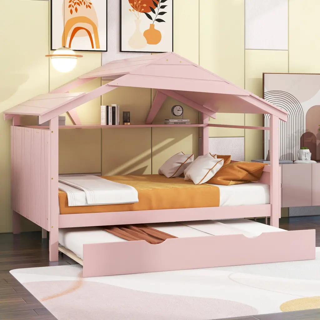 Wood Full Size Houtilize Bed Twin Size Trundle And Storage Pink Box wm store