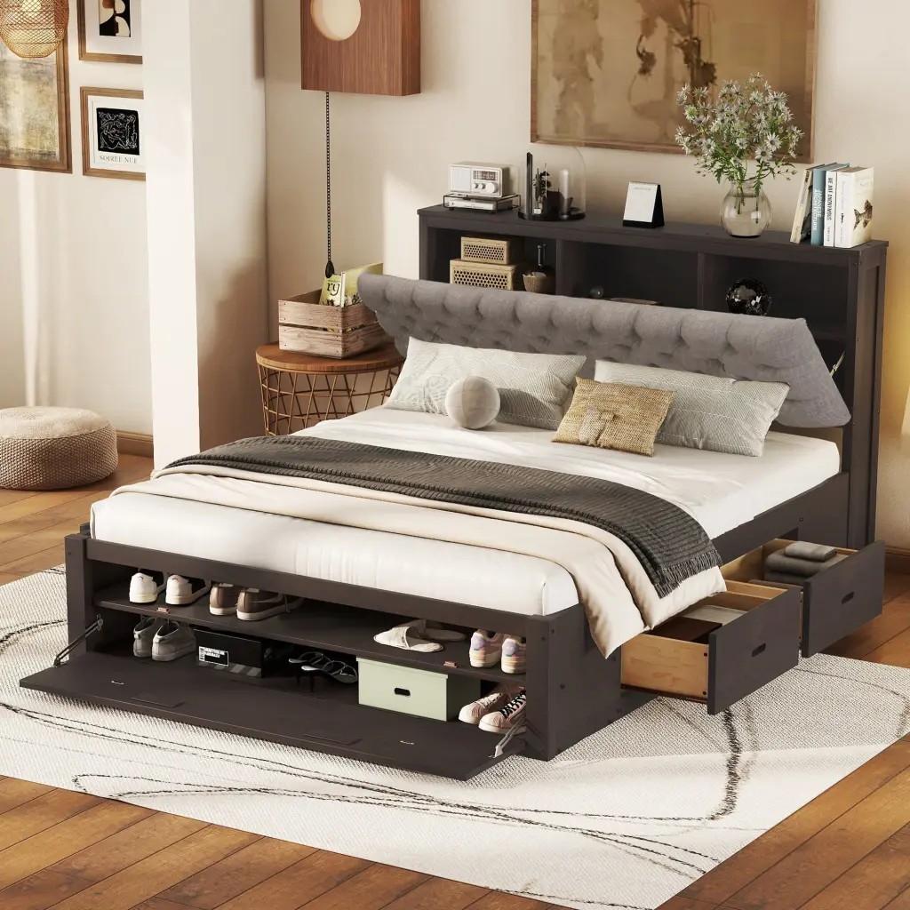 Wood Queen Size Platform Bed Storage Headboard Shoe Rack And 4 Drawers wm store