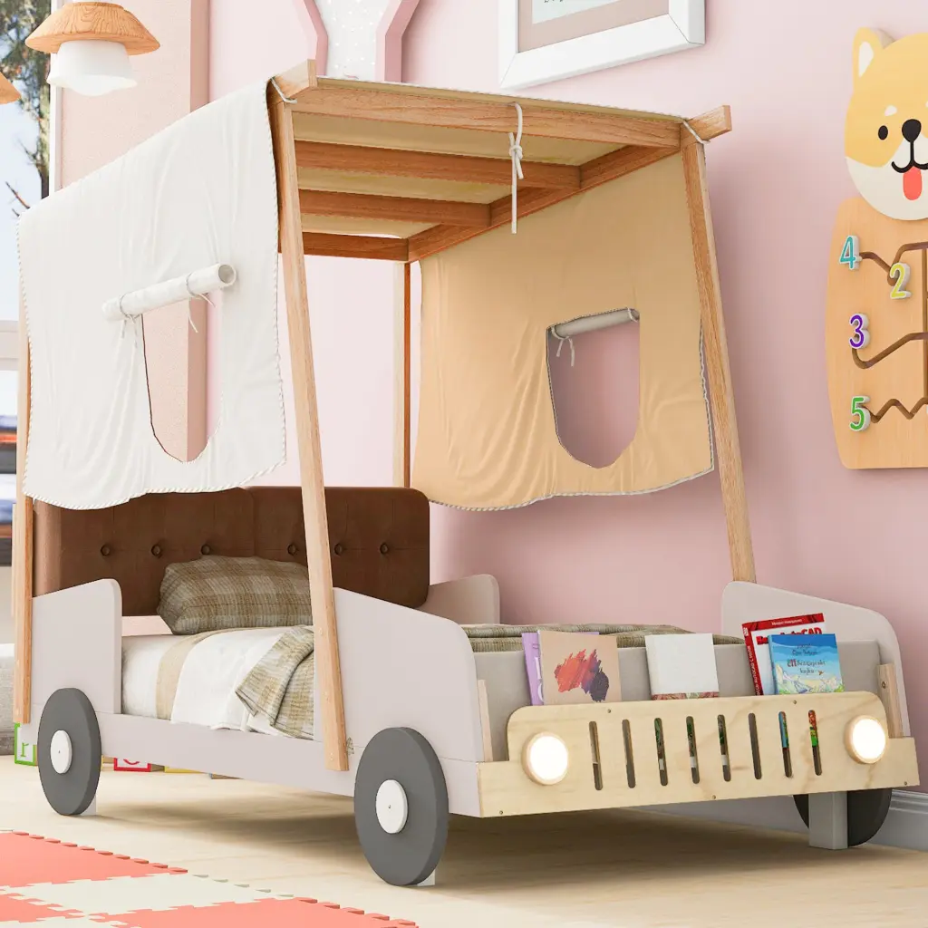 Wood Twin Size Car Bed Pillow Ceiling Cloth and LED Lights wm store