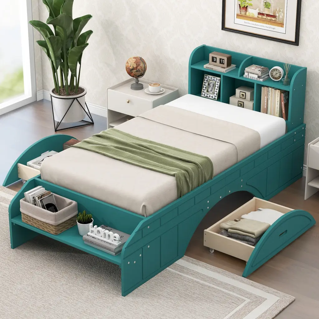 Wood Twin Size Platform Bed 2 Drawers Storage Headboard And Footboard Bedroom Furniture wm store