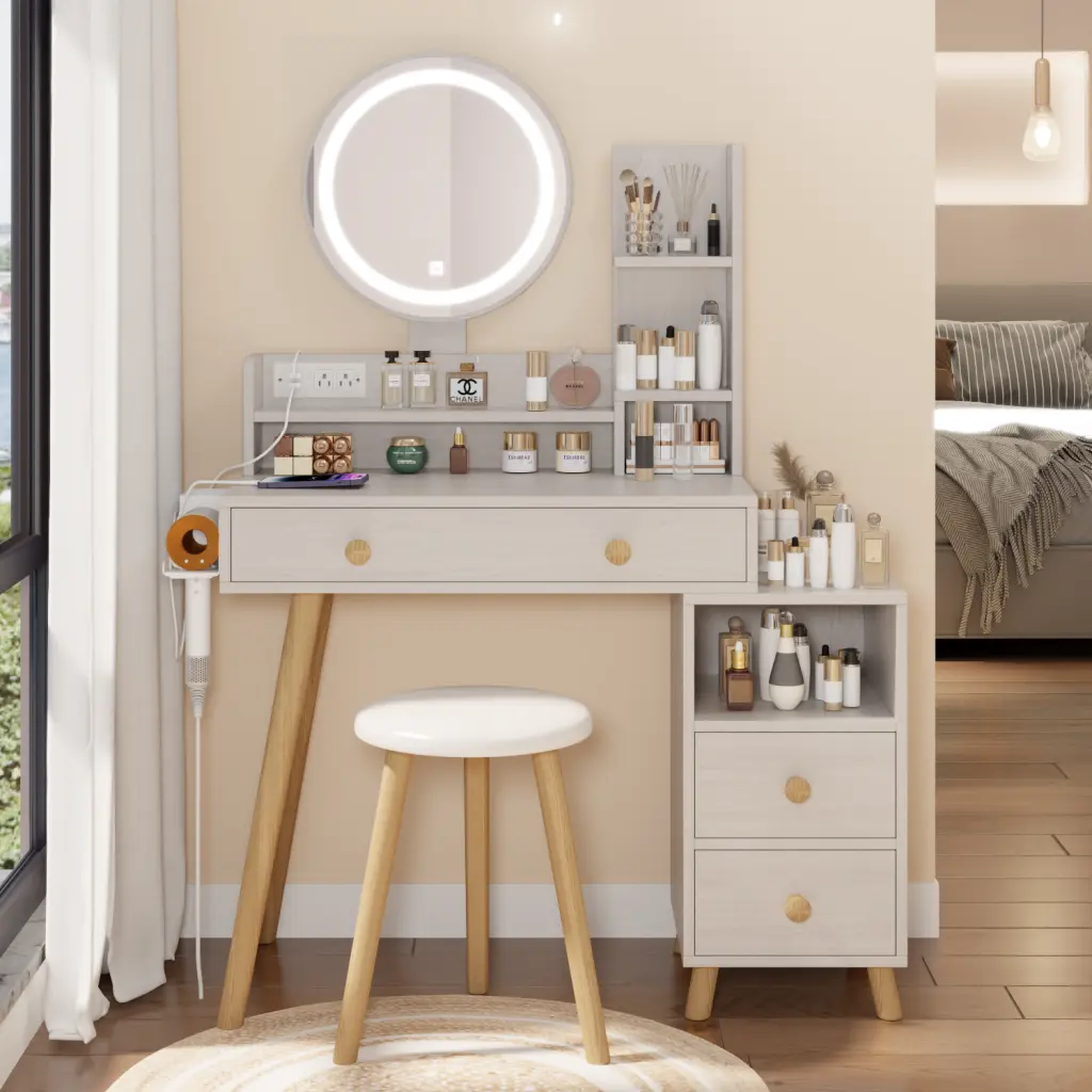 Round Mirror Bedside Cabinet Vanity Table Cushioned Stool and 2 AC Outlets rnb
