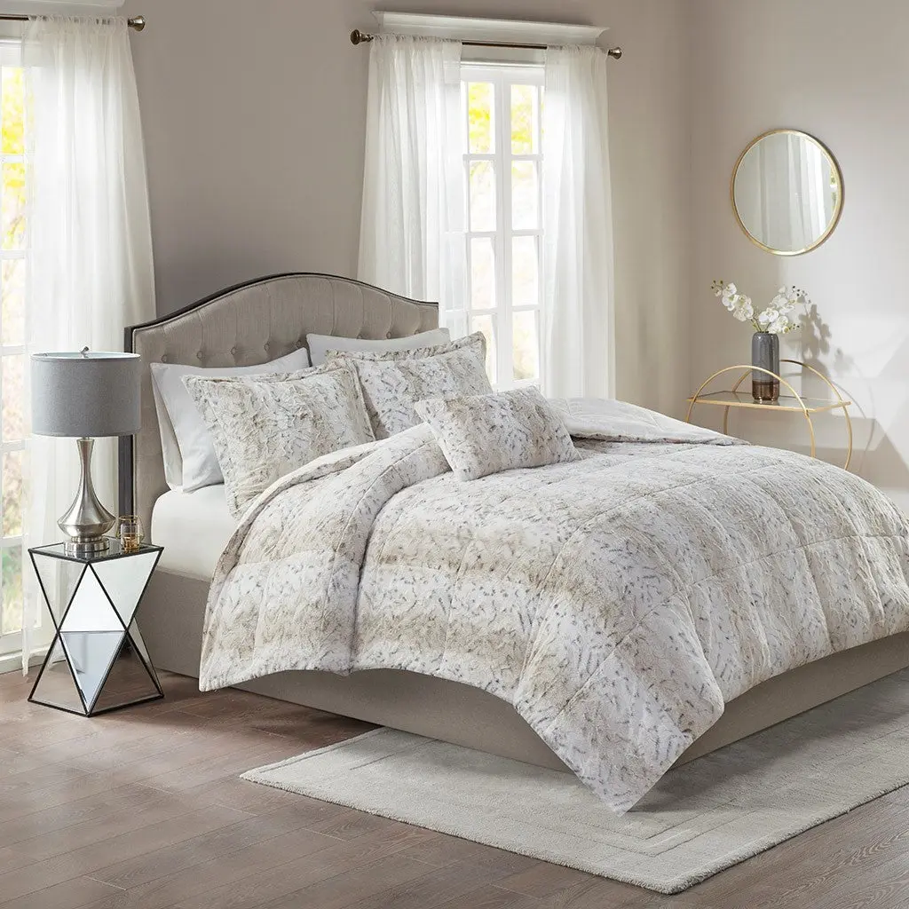 4Pc Faux Fur Easeer Set Queen Size Brown Beige Polyester Bedding jla