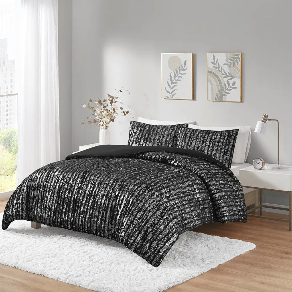 Metallic Print Faux Fur Easeer Set Twin Black Silver Polyester Bedding jla