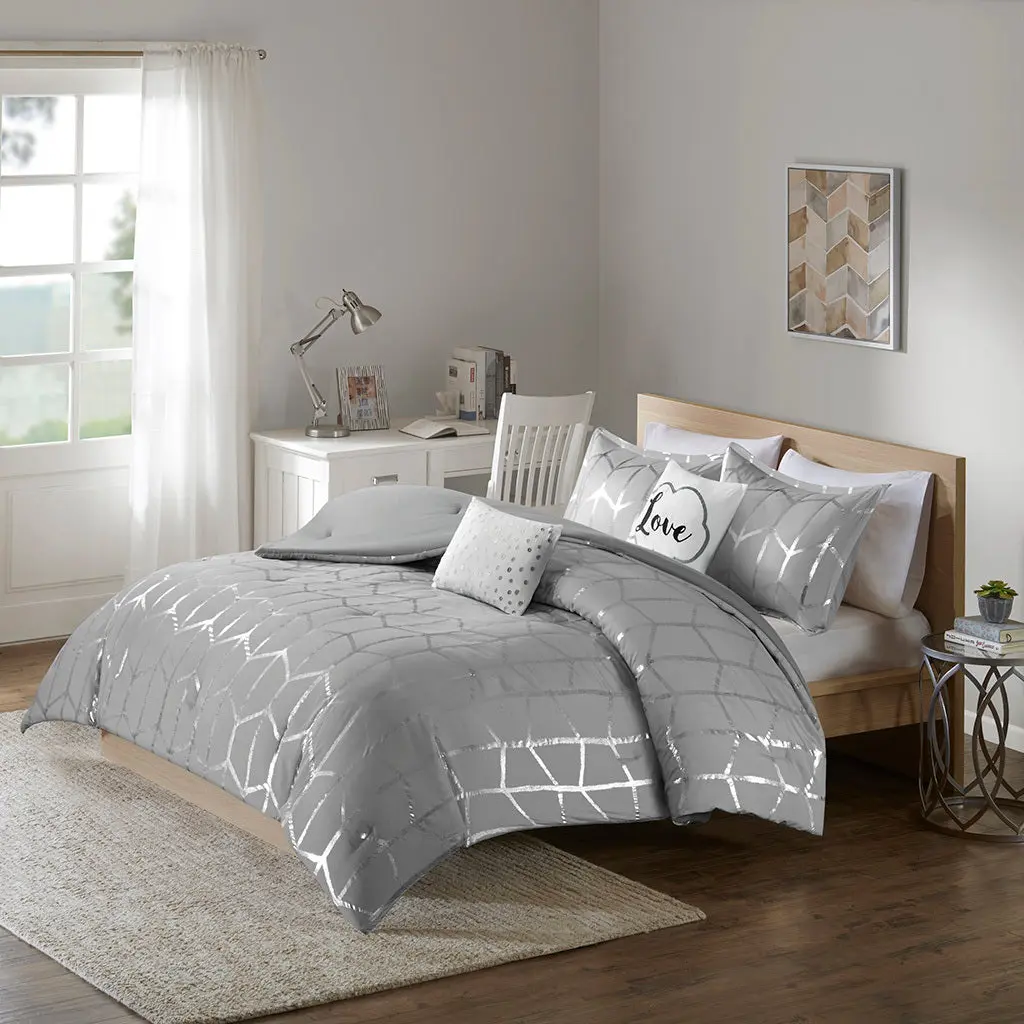 Metallic Printed Twin Size Easeer Set Grey Silver Polyester Bedding jla