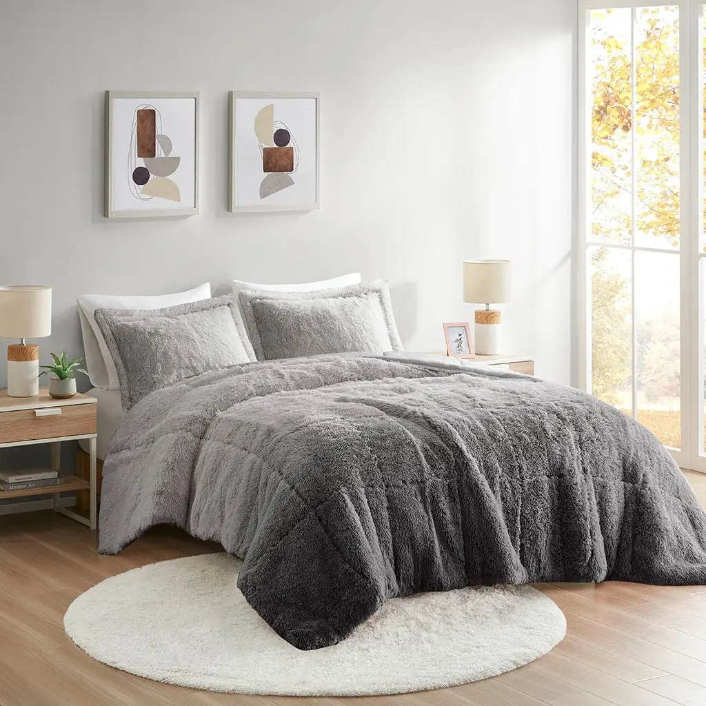 Ombre Shaggy Long Fur Easeer Mini Set Queen Size Grey Polyester jla