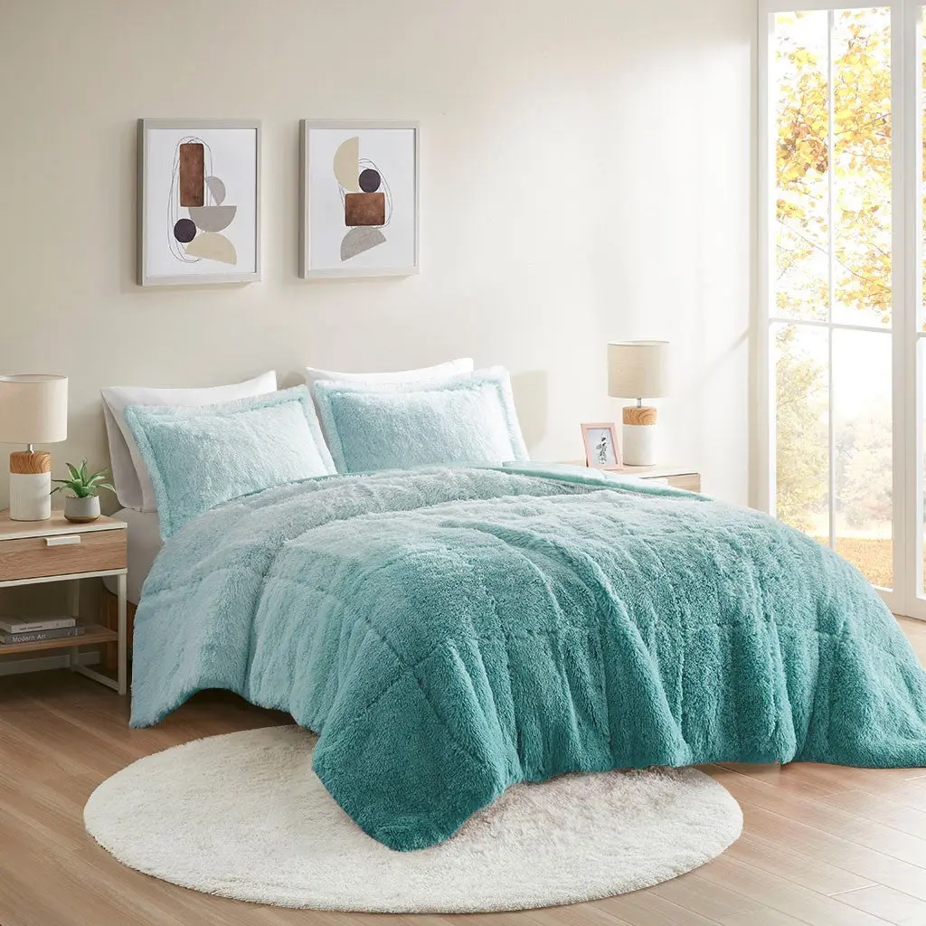 Ombre Shaggy Long Fur Twin Size Easeer Mini Set Aqua Polyester jla