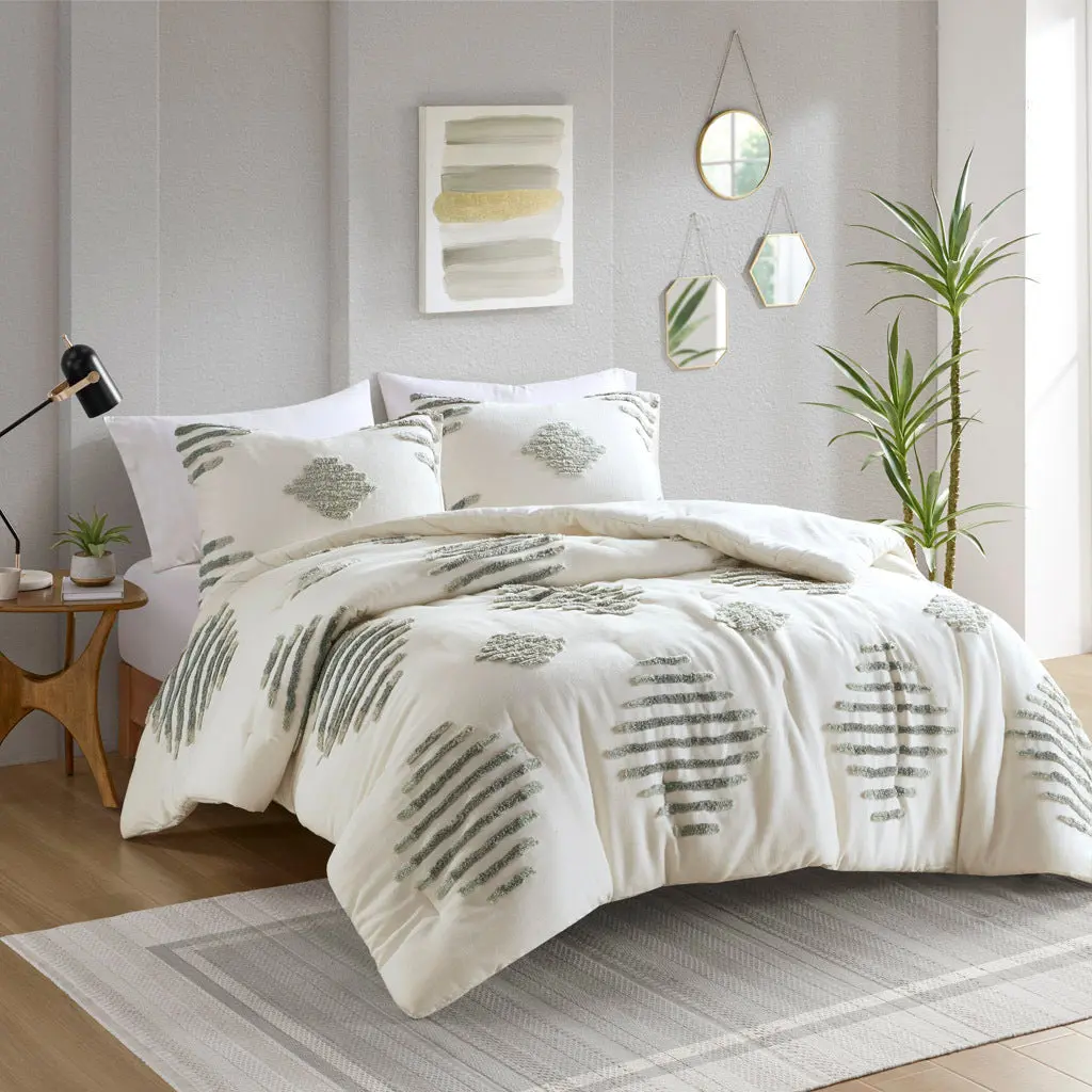 3 Piece Cotton Blend Chenille Easeer Set Green Ivory jla