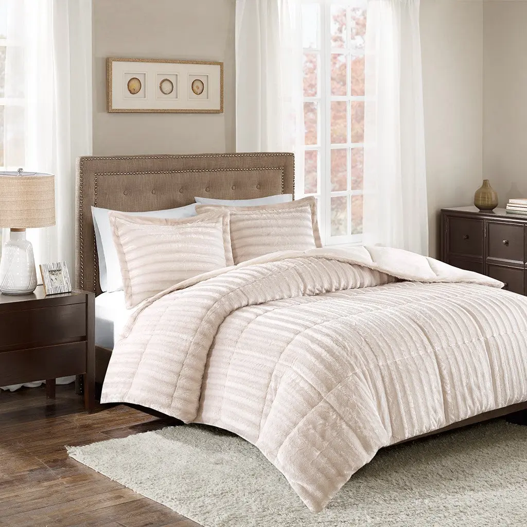Queen Size Faux Fur Easeer Mini Set Champagne Polyester Bedding jla