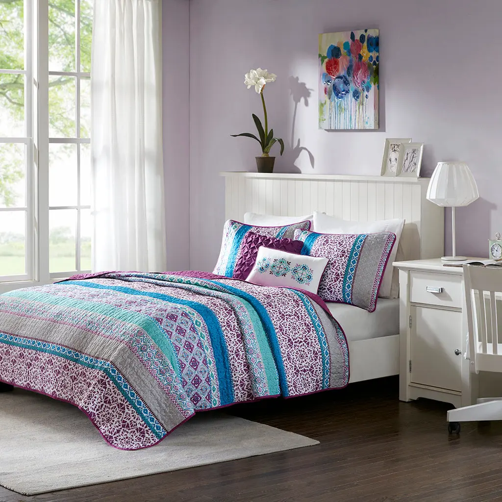 Reversible Quilt Set Throw Pillows Twin Purple Cotton Bedding jla