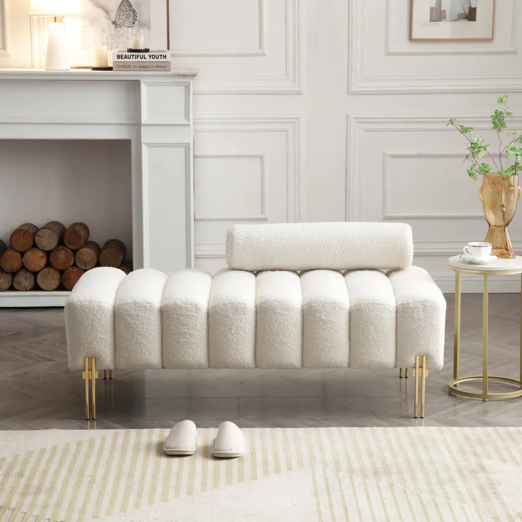 53.2 Inch Modern End Bed Bench Sherpa Fabric Upholstered 2 Seater Bedroom aijiafurniture