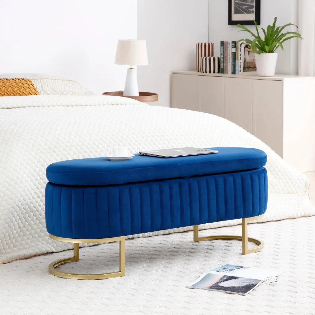 Velvet Oval Upholstered Storage Bench Bedroom Bench End Bed Bench aijiafurniture