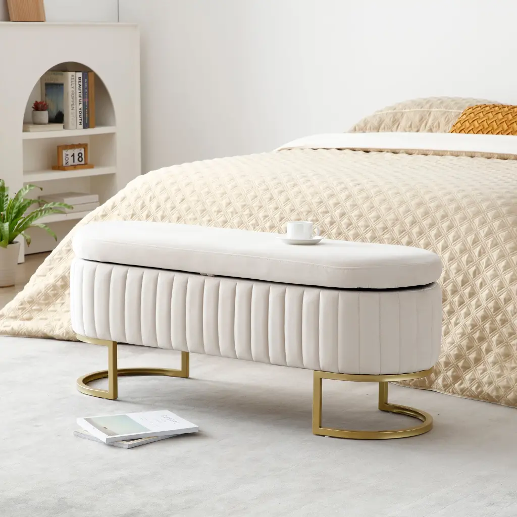 Velvet Oval Upholstered Storage Bench Bedroom End Bed aijiafurniture