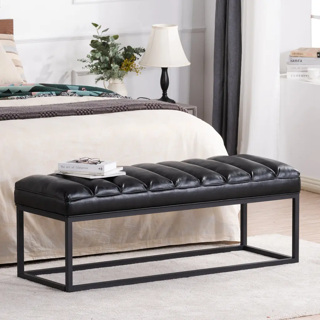 Metal Base Upholstered Bench Bedroom or Entryway Black PU chairone house