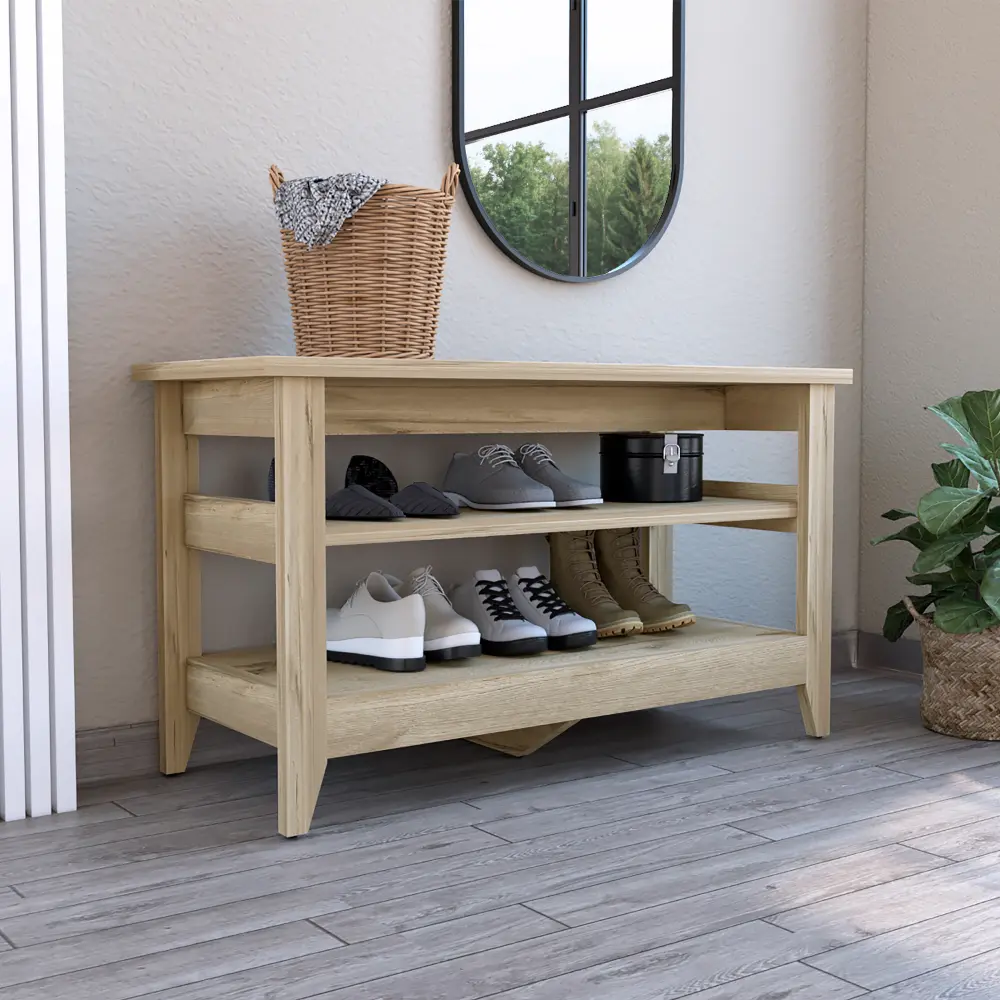 Storage Bench Two Open Shelves Light Oak Beige Particle Board depot e-shop