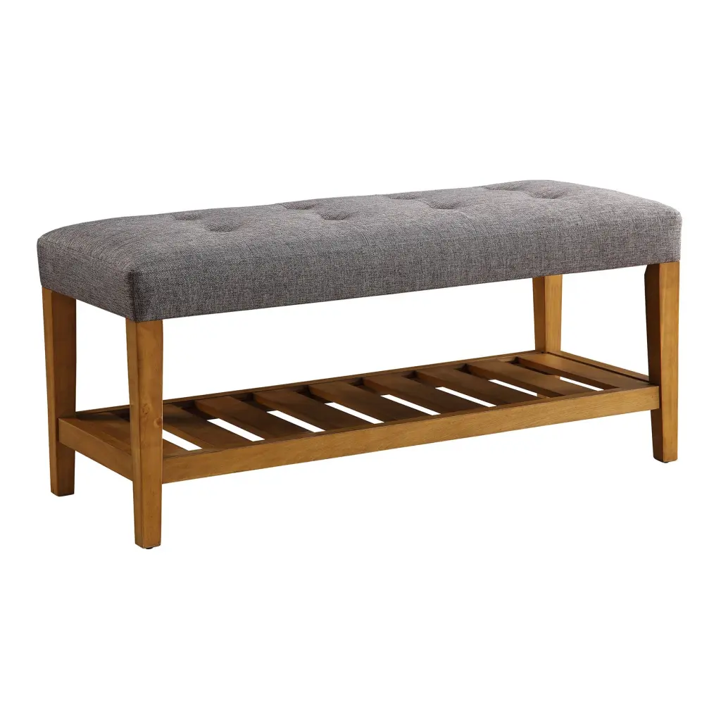 Grey and Oak Tufted Padded Seat Bench - Traditional Bedroom or Entryway Furniture furniture max