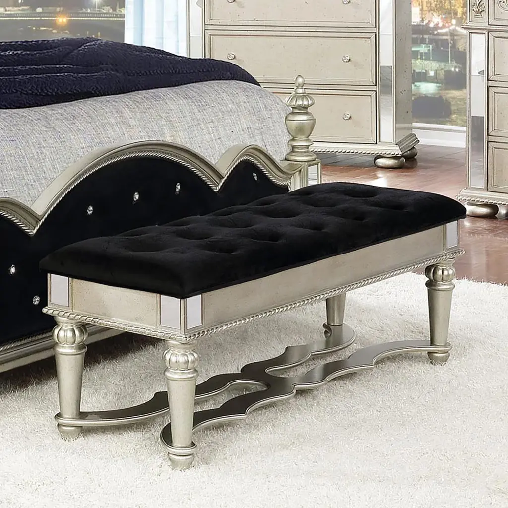 Metallic Platinum Upholstered Bench Silver Primary Living Space Rectangle furniture max