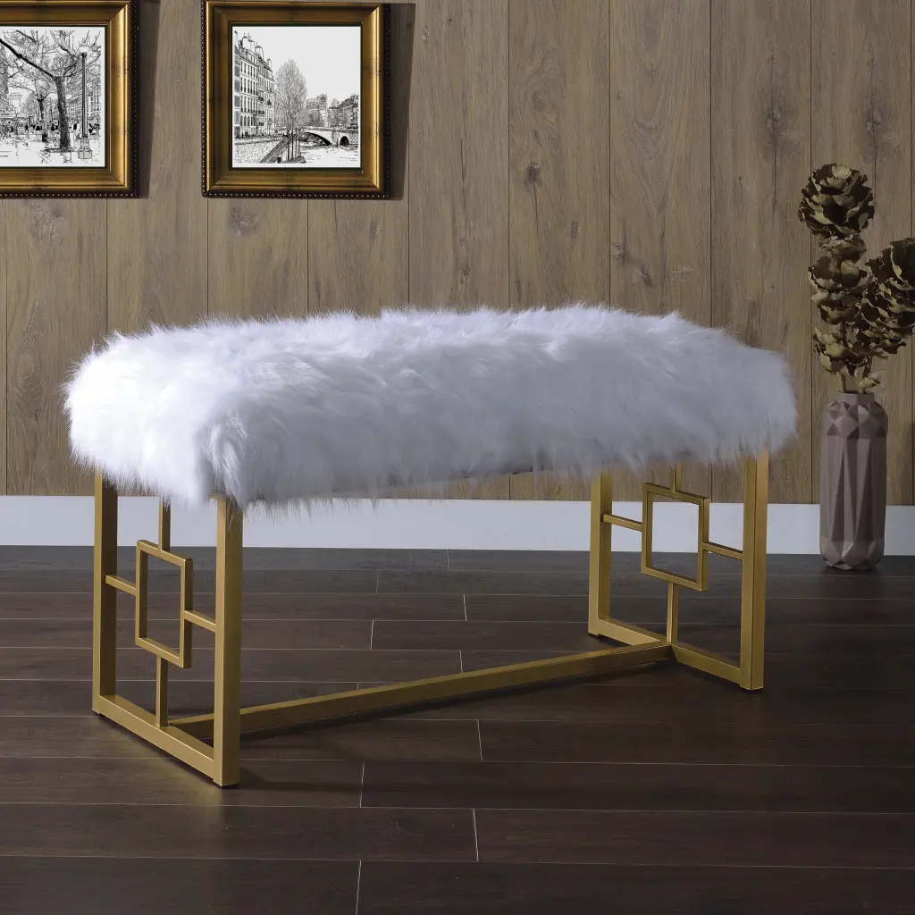 White and Gold Bench Sled Base Bedroom Contemporary Style furniture max