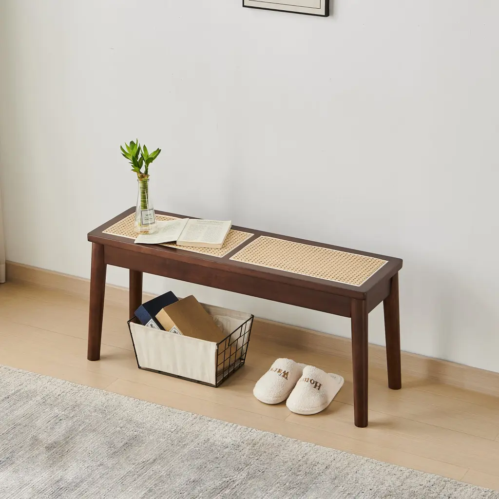 40 X 12 Inch Wooden Bench Walnut Color Hand Woven Cane Seat Solid Wood Entryway Furniture haizhijia