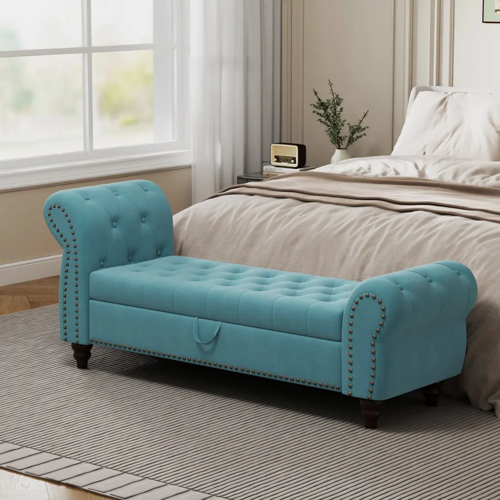 64.5 Inch Bed Bench Tufted Chaise Lounge Storage Bedroom hdf store