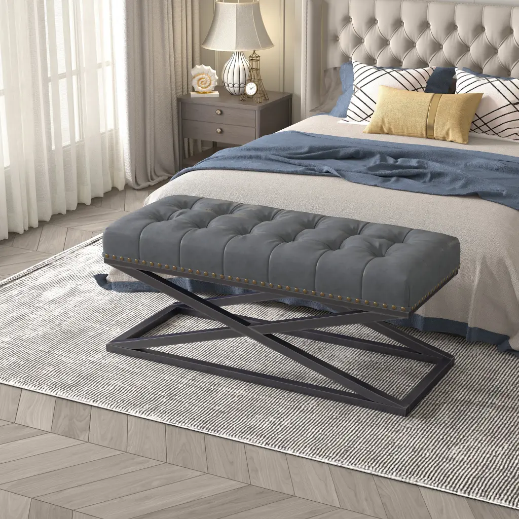 44 Inch Retro Metal Base Vintage Vegan Leather Bed Bench Dark Grey hdf store