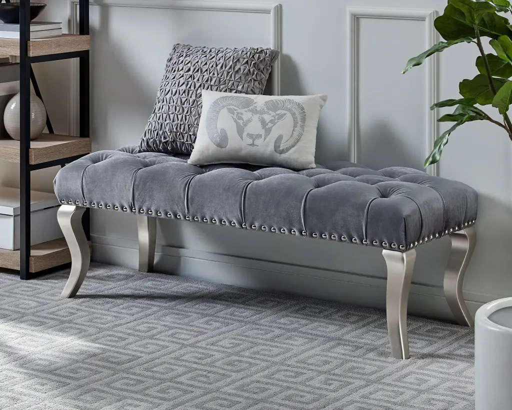 Decor Maxem Tufted Fabric Upholstered Bench Gray Faux Leather Trim hz