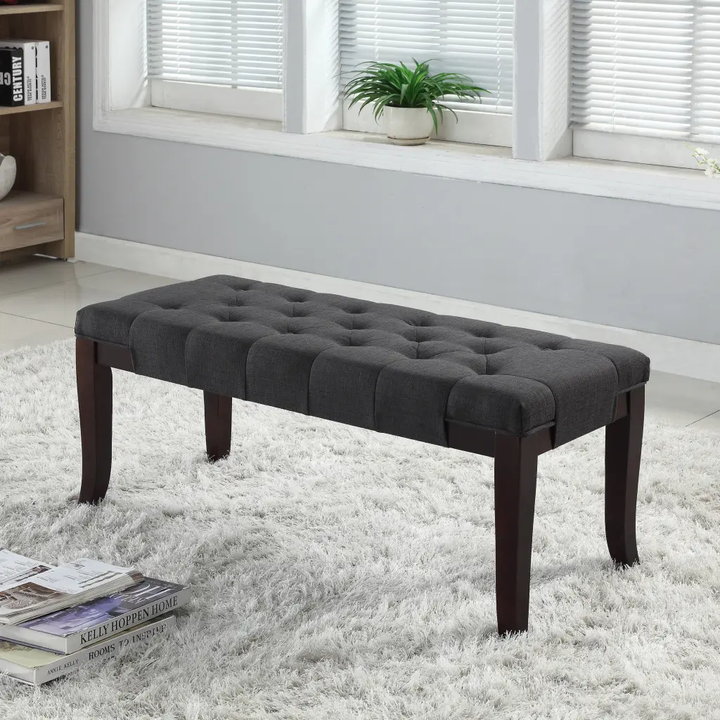 Linon Tufted Bench Fabric Gray Gray Faux Leather hz