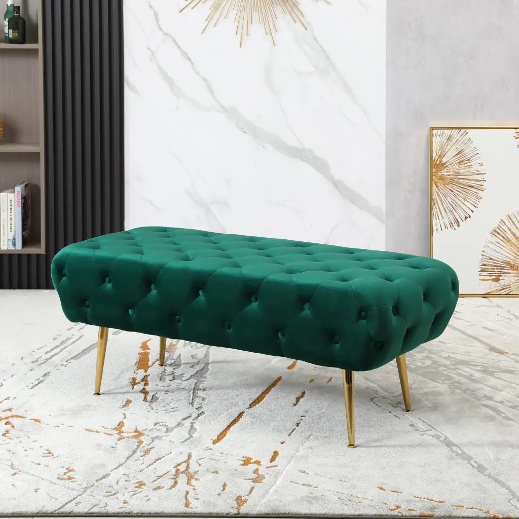 Sira Velvet Button Tufted Bench Gold Metal Legs Green Velvet Upholstery Living Room Seating hz