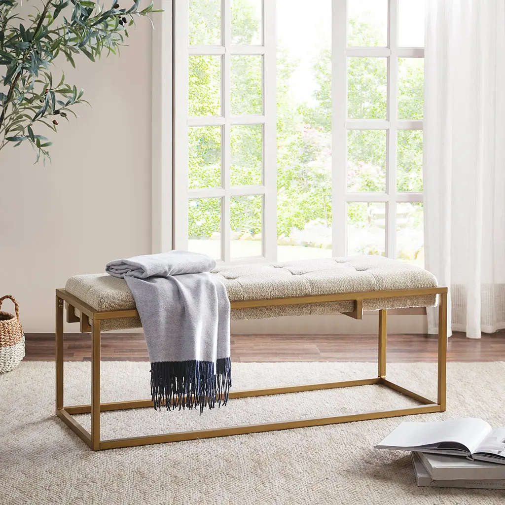 Button Tufted Upholstered Metal Base Accent Bench Brown Antique Bronze Living Room Furniture jla