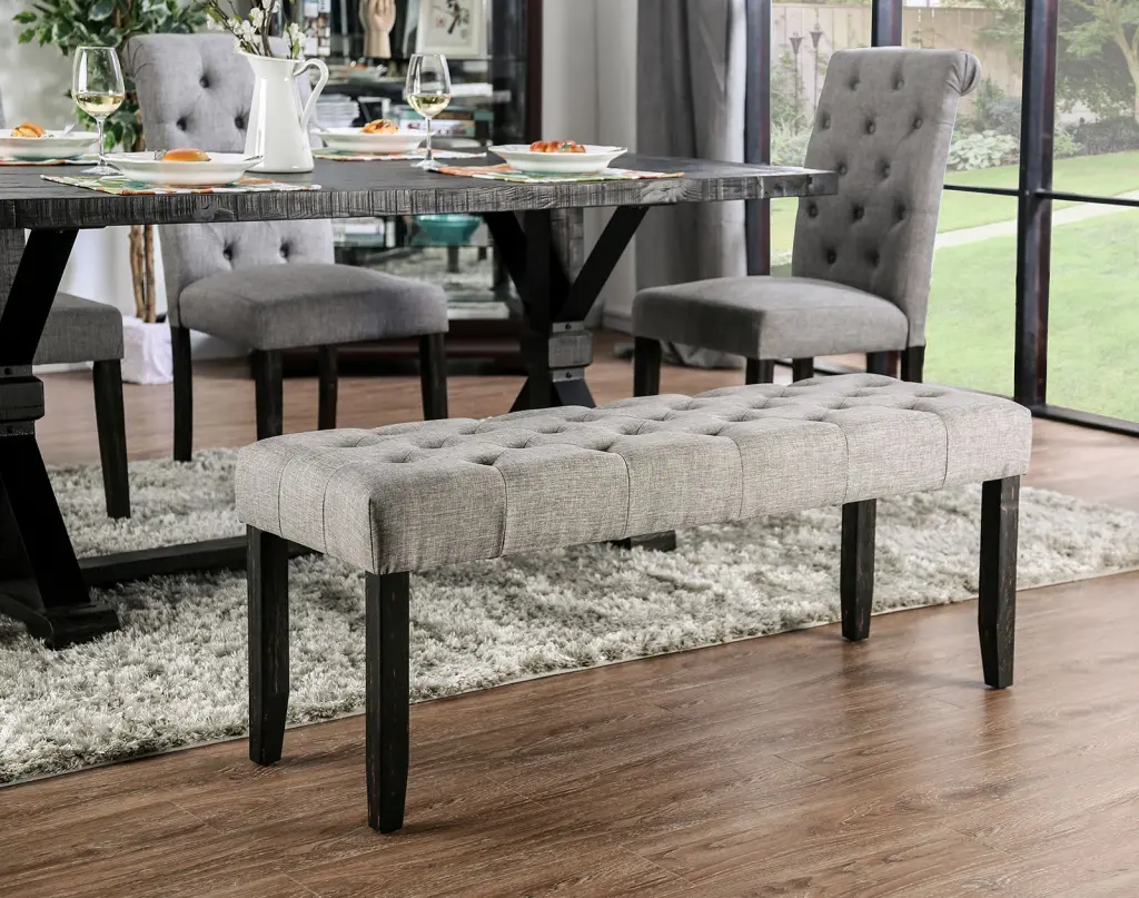 Timeless Light Gray Button Tufted Bench Linen Like Fabric Solid Wood Legs kanepe