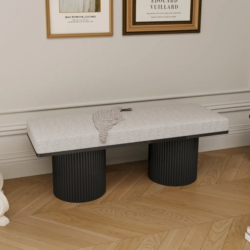 Upholstered Bench Black Chunky Legs Light Grey Boucle Fabric Contemporary rnb