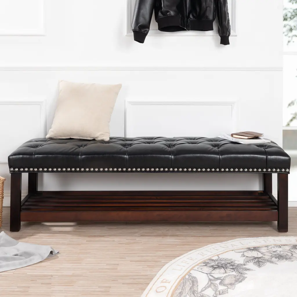 Wooden Base Upholstered Bench Bedroom or Entryway Black PU Leather rnb
