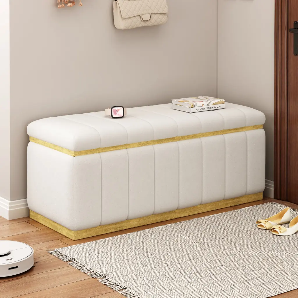 Linen Fabric Upholstered Solid Wood Frame Bench Large Storage Space vinnas