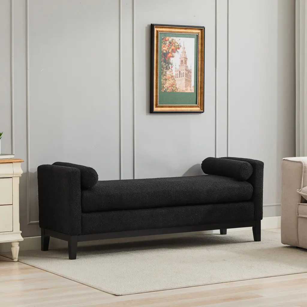 66.34 Inch Elegant Upholstered Bench Daybed Ottoman Wood Legs 2 Backrests w1852