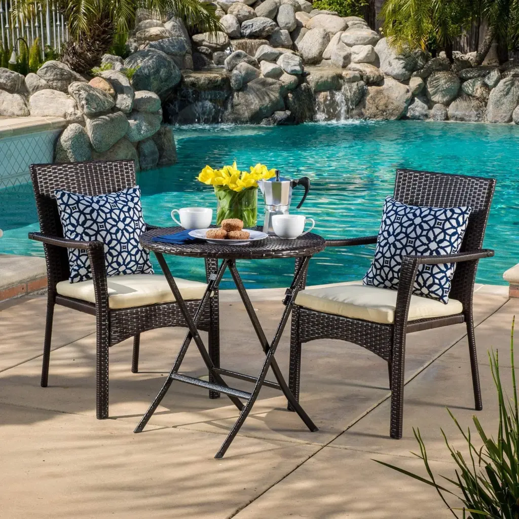 Elba Bistro Set 3Pcs Brown Multi PE Rattan Iron Waterproof Fabric Outdoor Dining Furniture gardenpara can