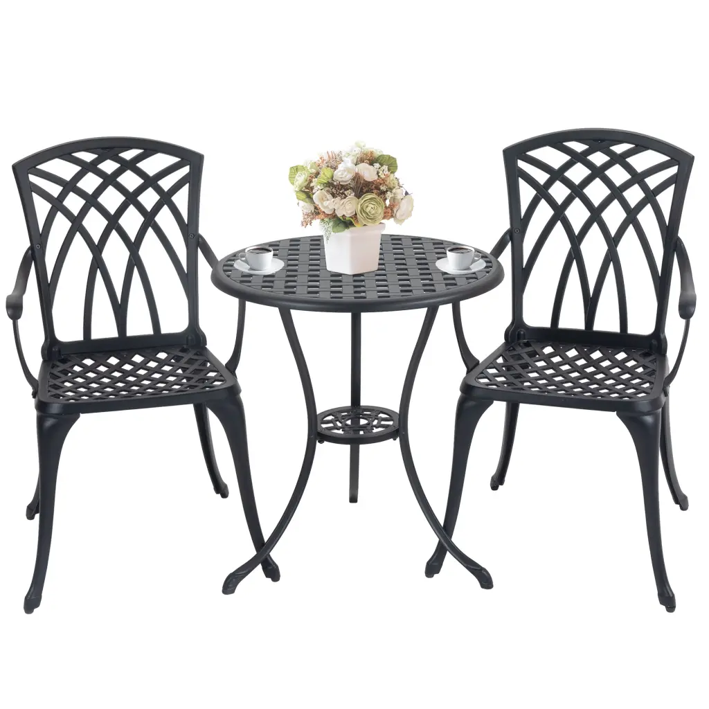 3 Piece Bistro Table Set Cast Aluminum Outdoor Patio Furniture Umbrella w2505