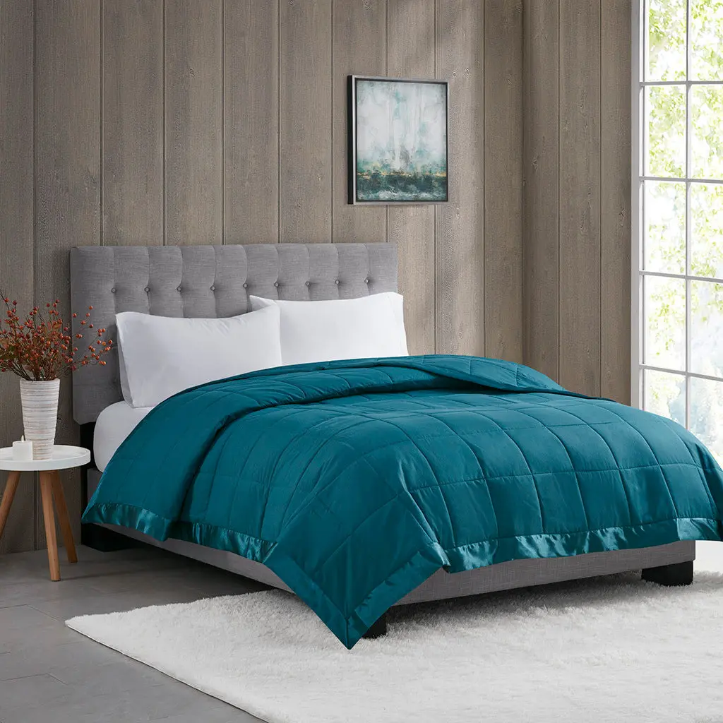 Featherweight Down Alternative Blanket Teal Polyester Satin Trim jla