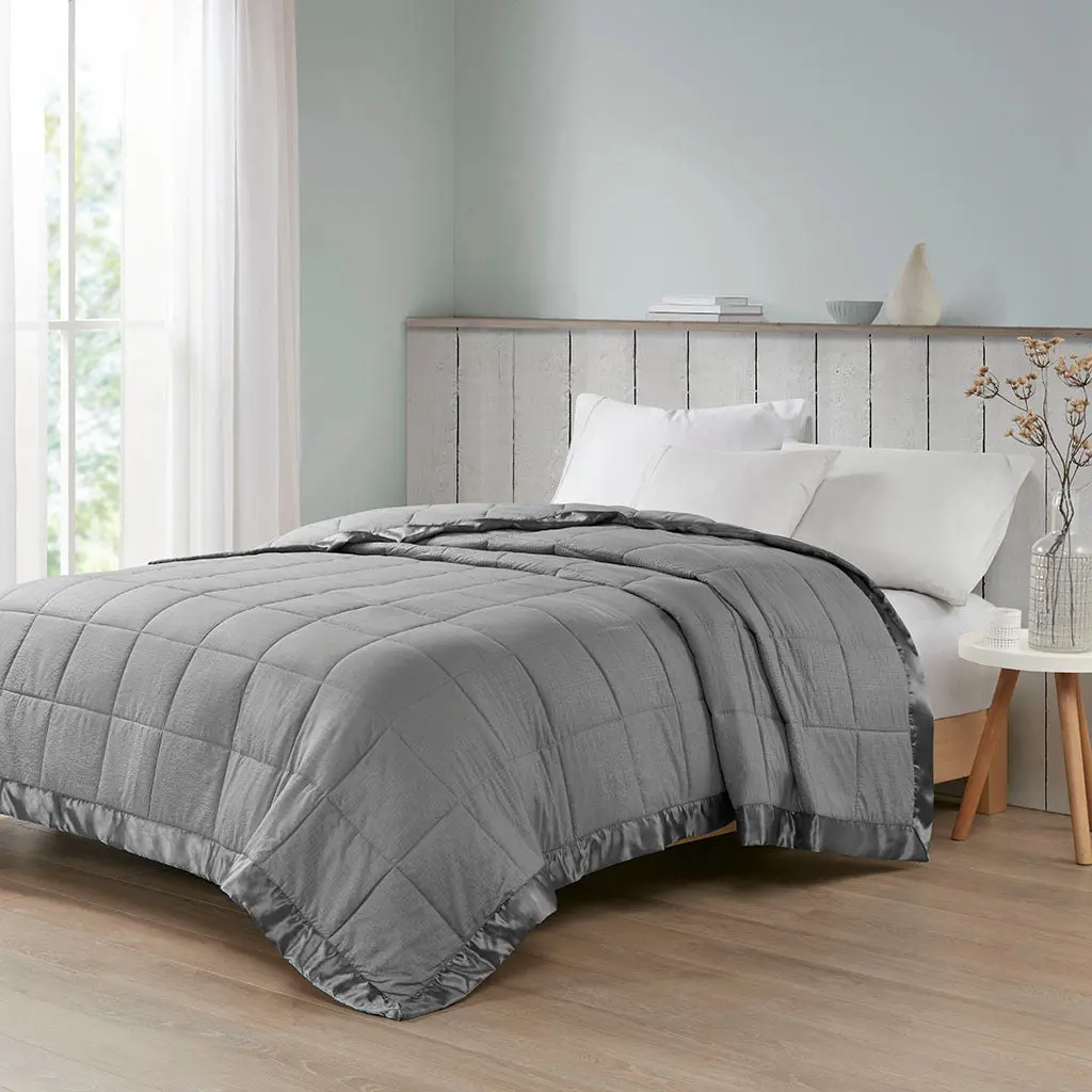 Oversized Down Alternative Blanket Satin Trim Charcoal Polyester jla
