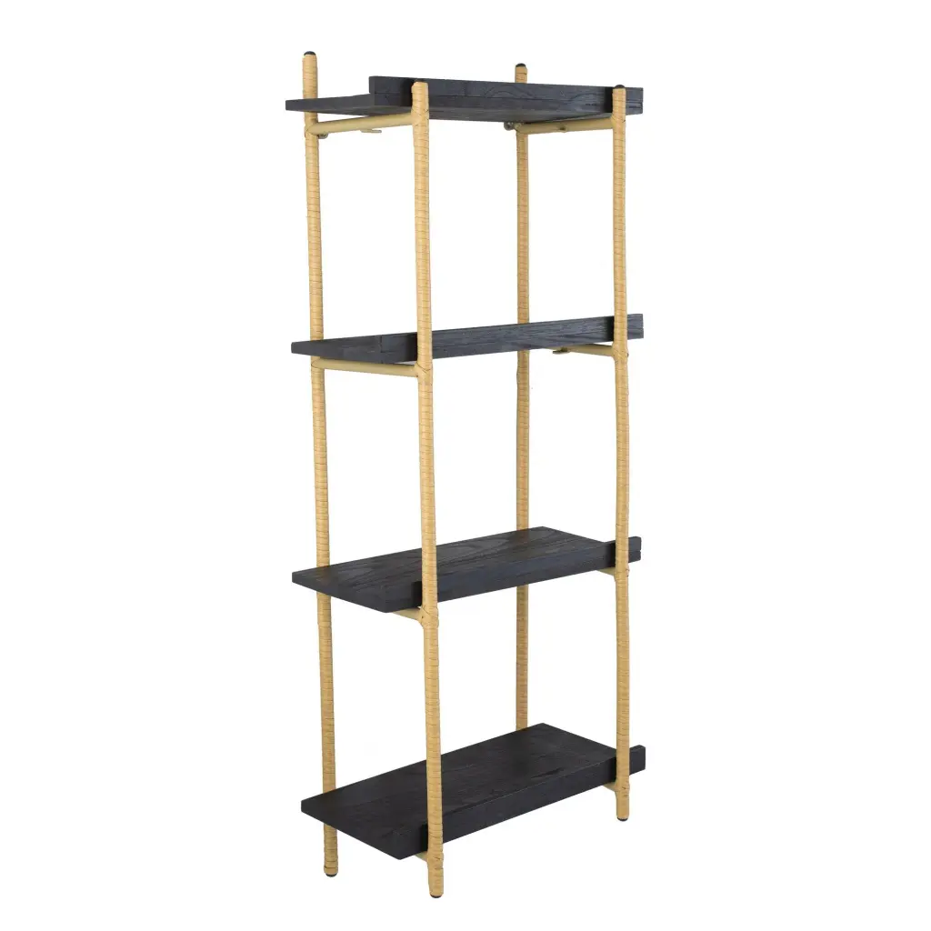 44 Inch Modern Wood Four Tier Shelf Natural Rattan Braiding and Gold Finish royal hampton