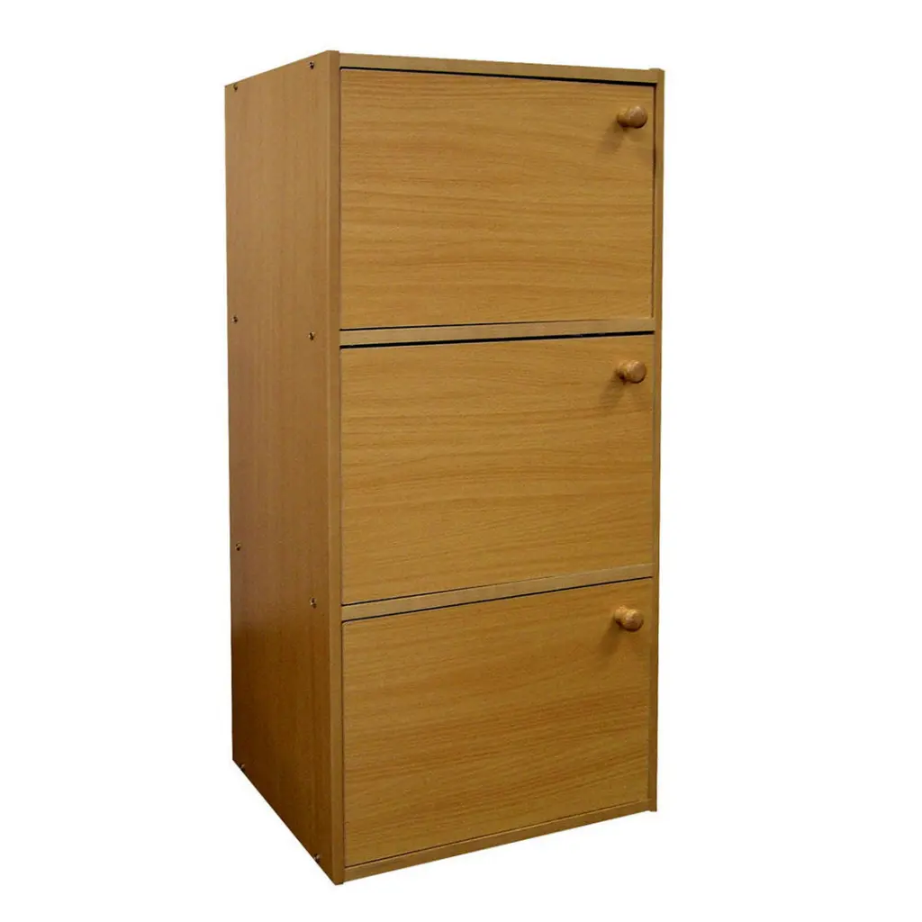 35.5 Tall 3 Tier Wooden Bookcase Book Shelf Doors Natural Finish Storage Cabinet california home