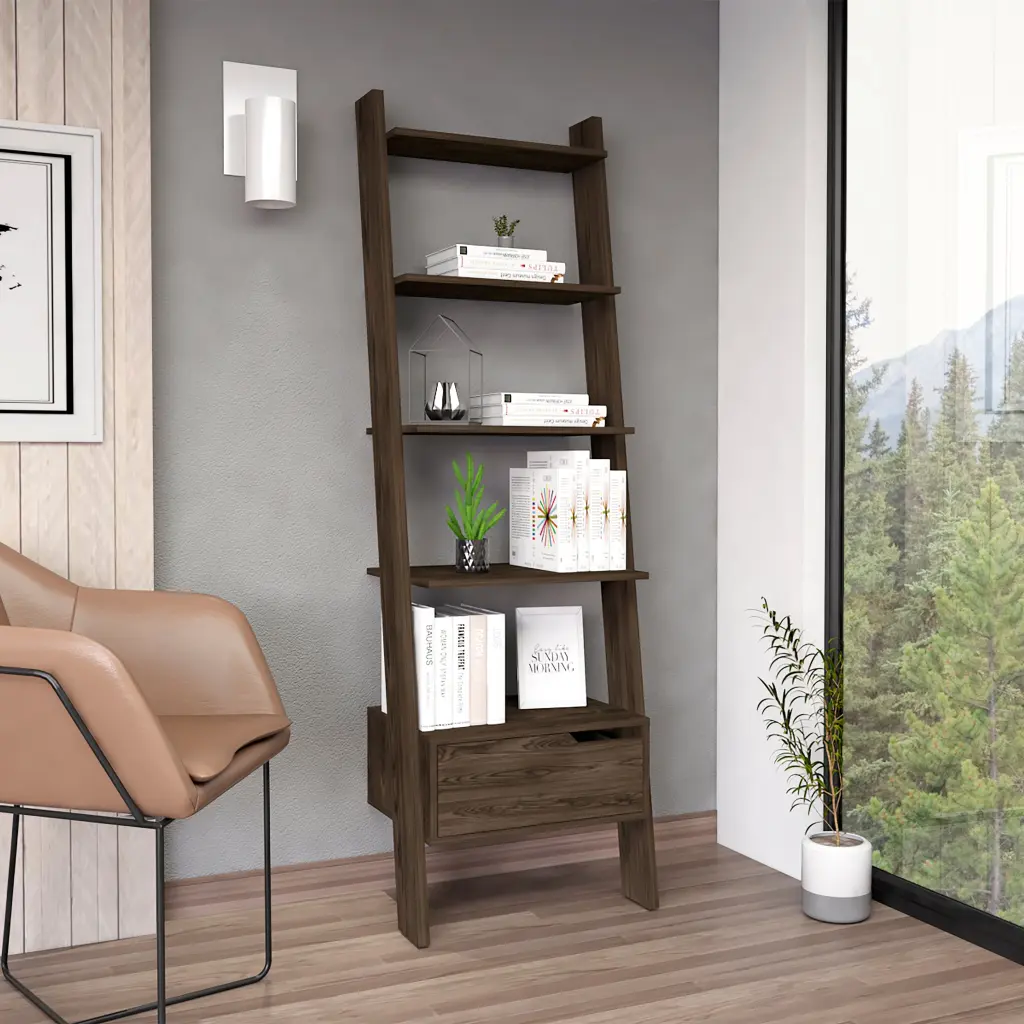 Ladder Bookcase One Drawer and Five Open Shelves Dark Walnut Brown depot e-shop