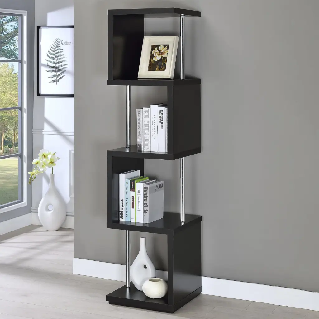 Black And Chrome 4 Tier Bookcase Horizontal Office Open Back Shelving Unit furniture max