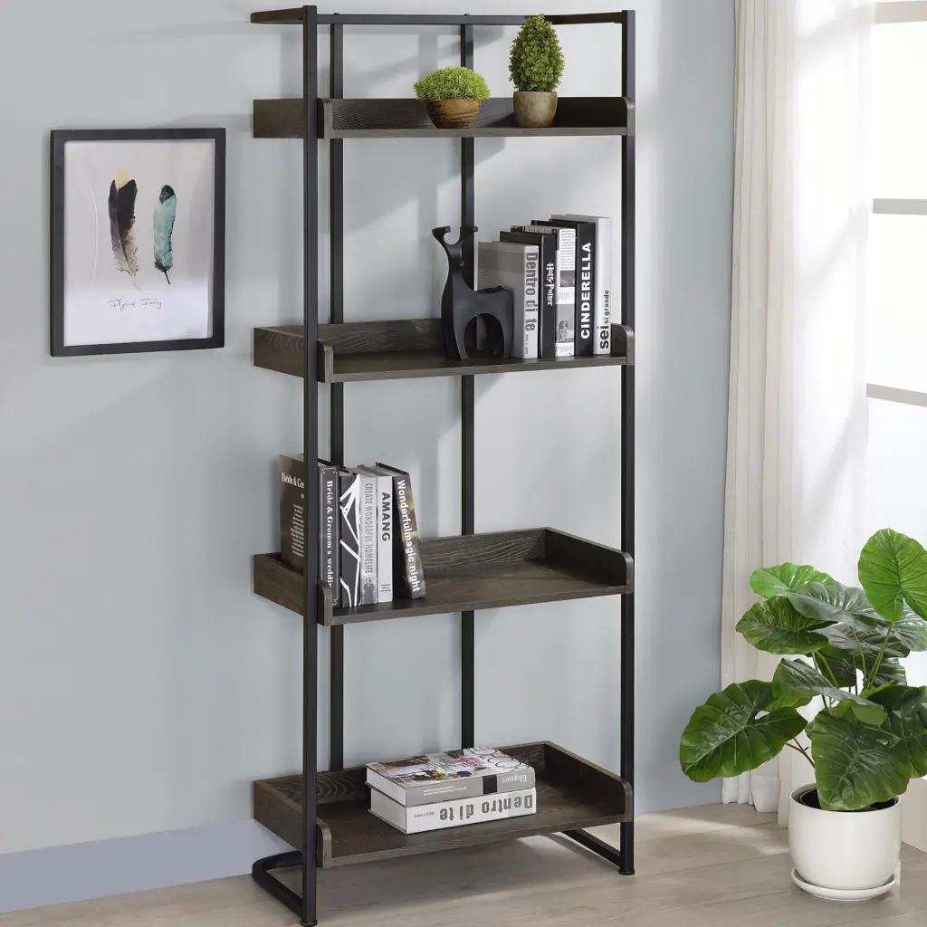 Dark Oak and Black 4 Shelf Open Back Bookcase Home or Office furniture max