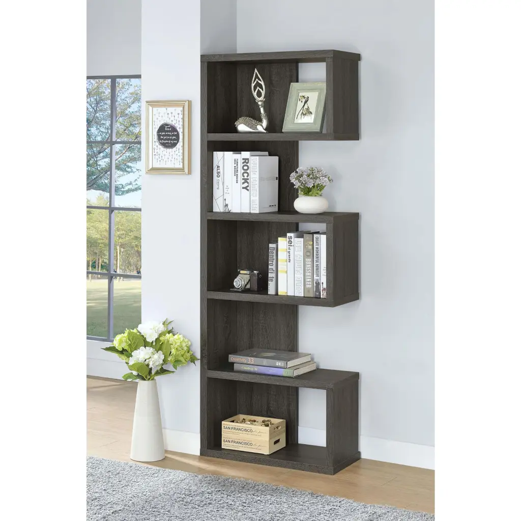 Weathered Grey 5 Shelf Bookcase Horizontal Office Storage furniture max
