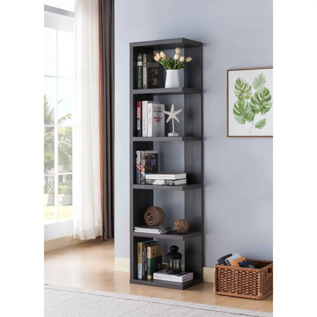 Distressed Grey 5 Tier Bookcase Home Book Stand Shelf Storage id international- inc.