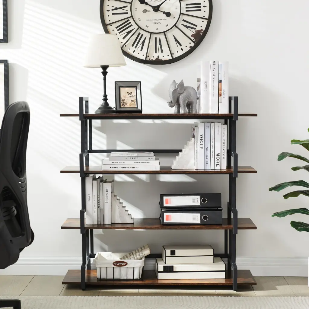 4 Tier Office Bookcase Shelf Rustic Wood Metal Bookshelves Freestanding Storage Organizer rnb