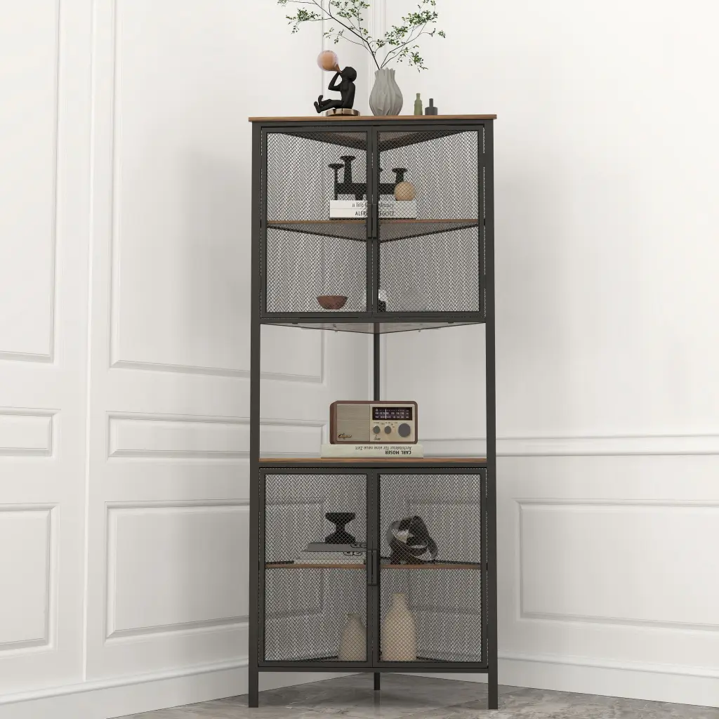 5 Tier Shelves Metal Mesh Door Bookcase Storage Shelf Corner Shelf Organizer rnb